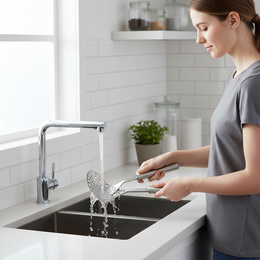 Jeune femme rinçant le presse-purée