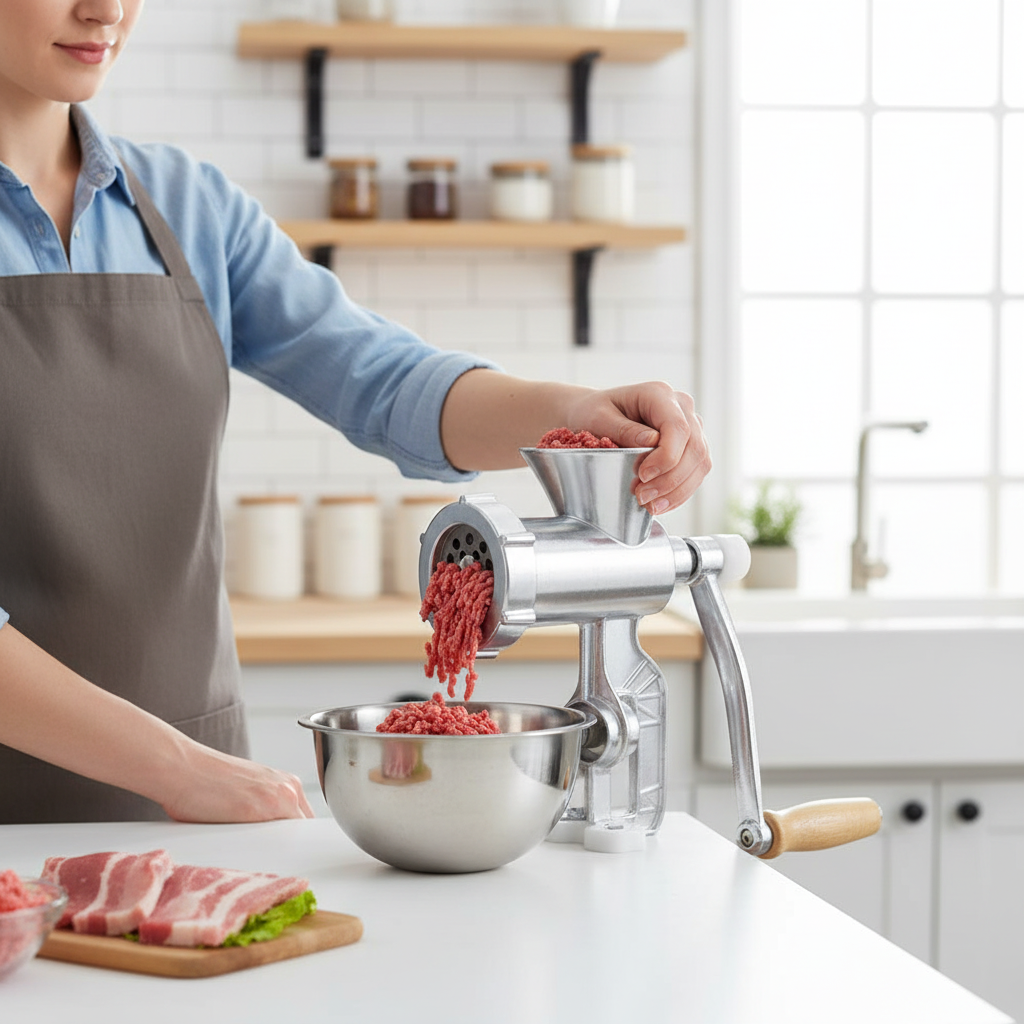 Femme utilisant un hachoir à viande robuste mooz