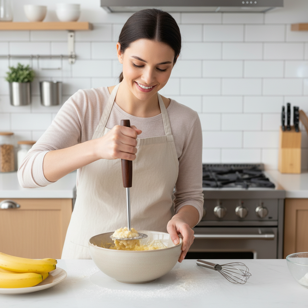 Jeune femme écrasant des bananes pour un cake masher