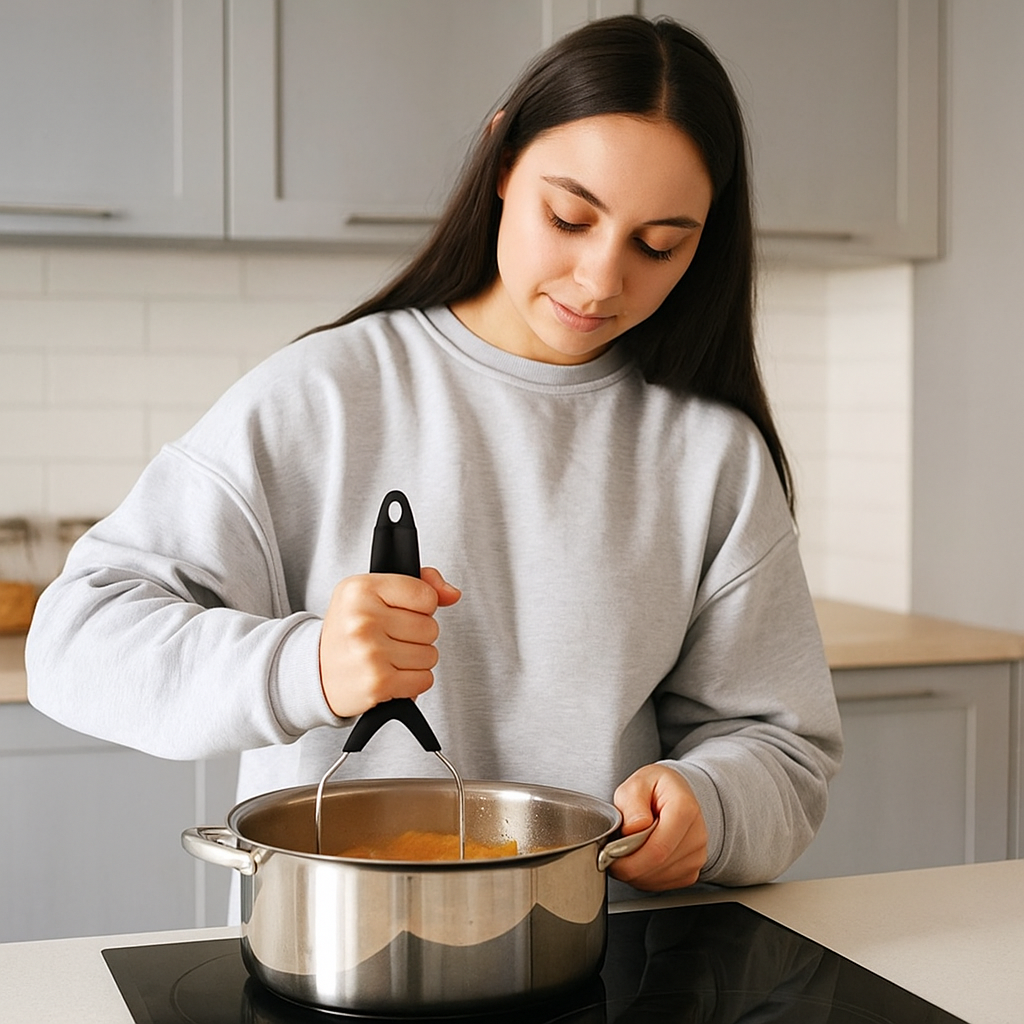 jeune femme ecrase legumes soupe maison ergonomic inox