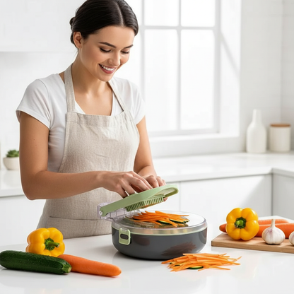 Jeune femme preparant des juliennes de legumes multichef