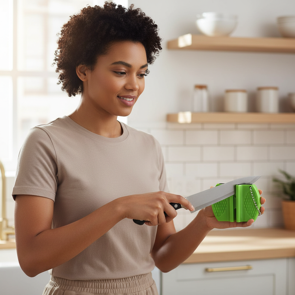 Jeune femme utilisant l'aiguiseur couteau professionnel vert affutage parfait kitchenpro