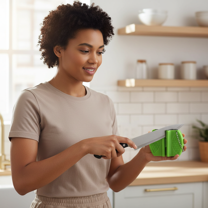 Jeune femme utilisant l'aiguiseur couteau professionnel vert affutage parfait kitchenpro