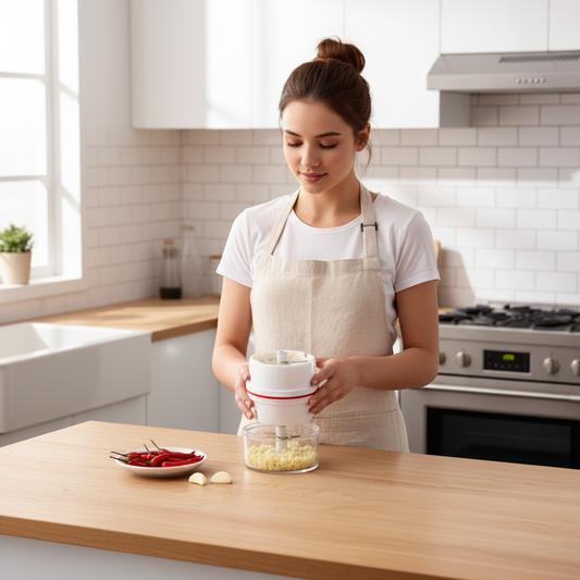 Jeune femme utilisant le mini hachoir avec ail et piments