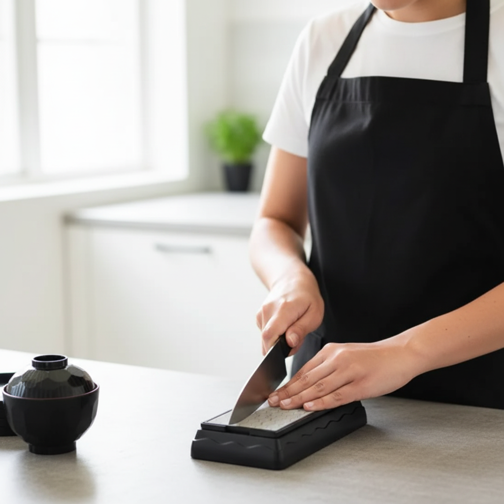 Jeune femme utilisant une pierre à aiguiser