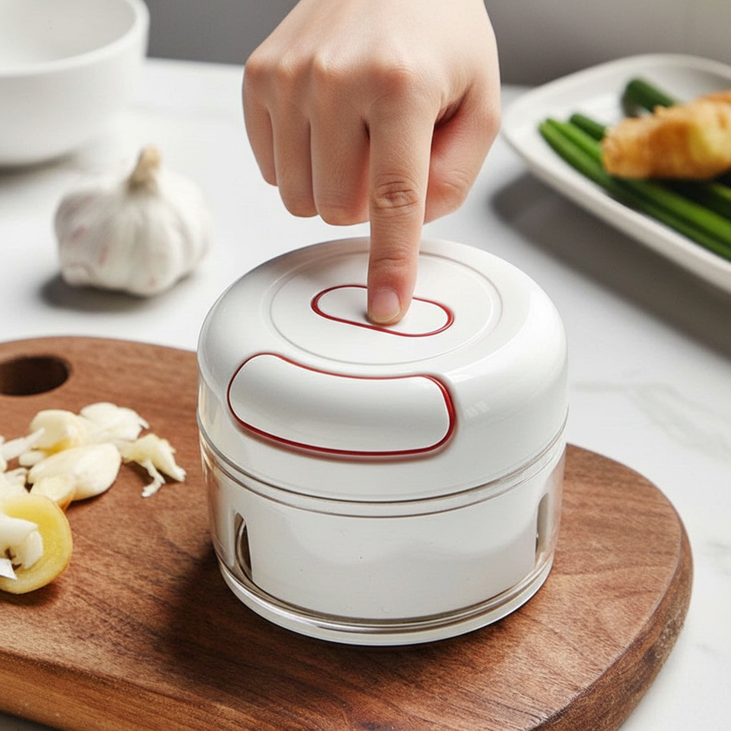 Mini hachoir utilise par une jeune femme avec oignons et ail 